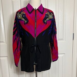 Vintage 1980s Bob Mackie Black and Pink Silk Jacket with Horse Design Sz M.
